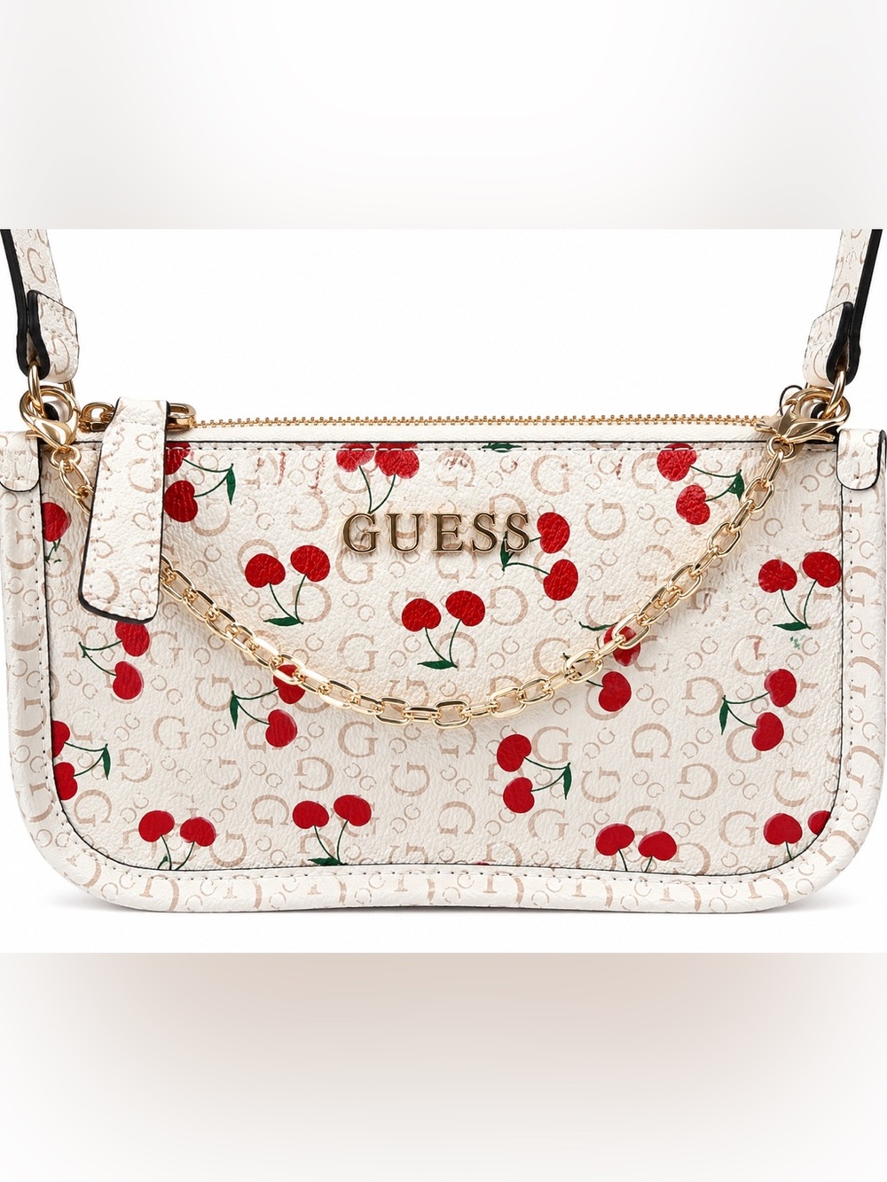 Guess White Cherry-Print Crossbody with Gold Chain